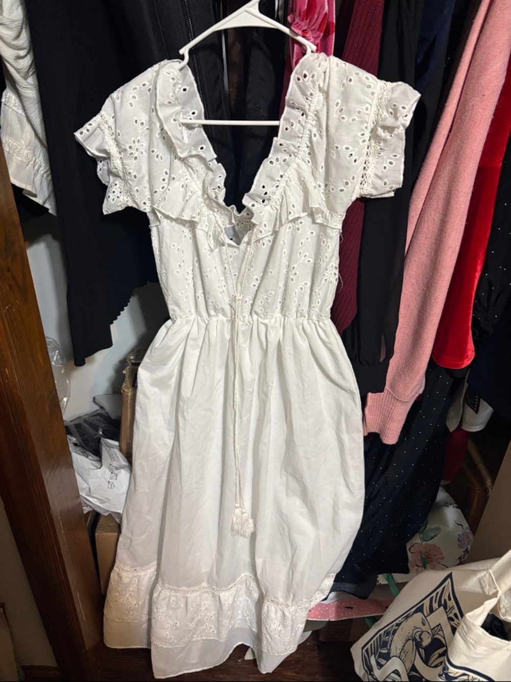 EARTHBOUND White Eyelet Ruffle V-Neck Midi Dress